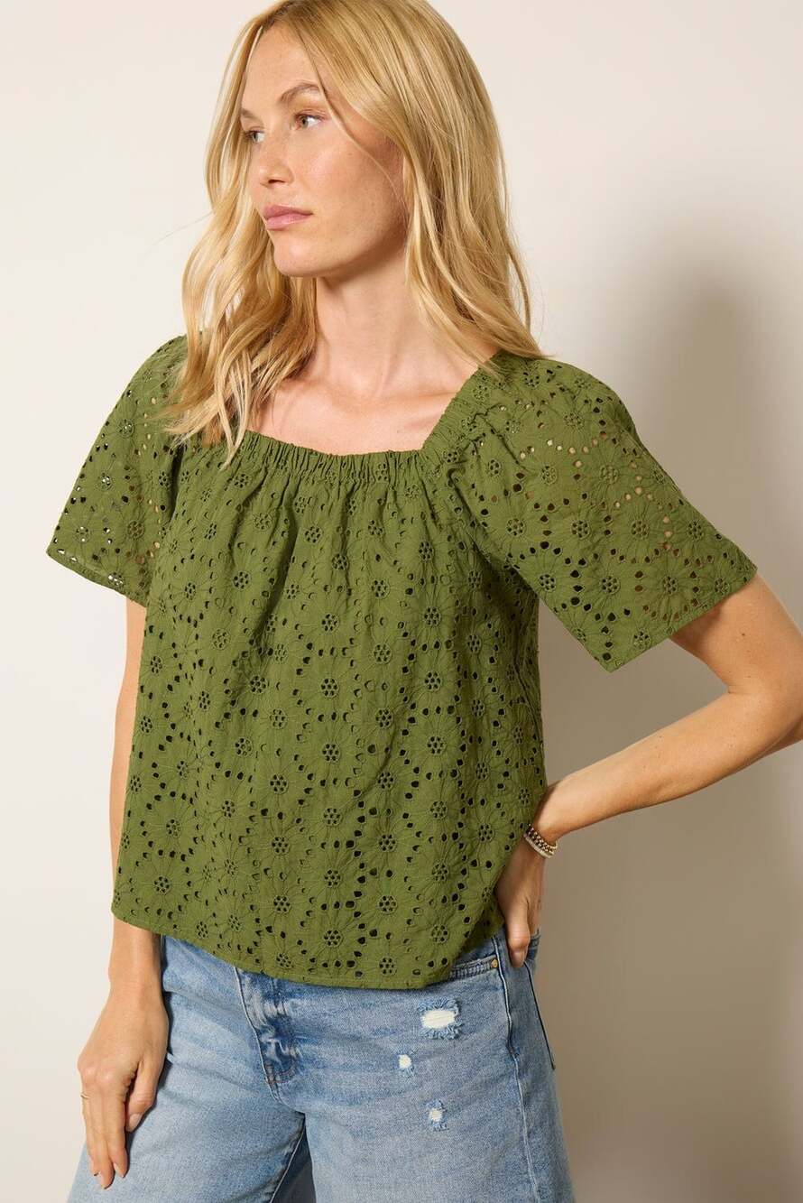 EVEREVE Hadley Eyelet Puff Sleeve Top XS Olive Green Romantic Boho - Picture 6 of 11